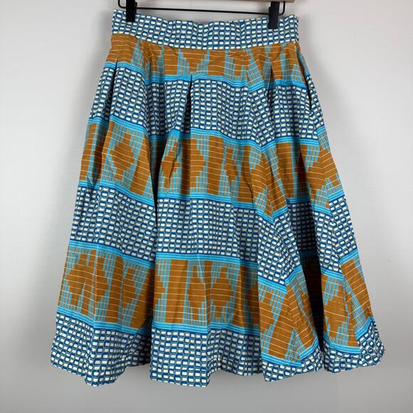 Francis + Benedict A-Line Skirt Women's Small Blue Brown Geo Pleated Togo Africa - Picture 1 of 10